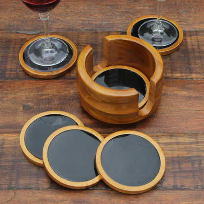 Nocturnal Wisdom Set of 6 Black Agate and Cedar Wood Coasters with Stand