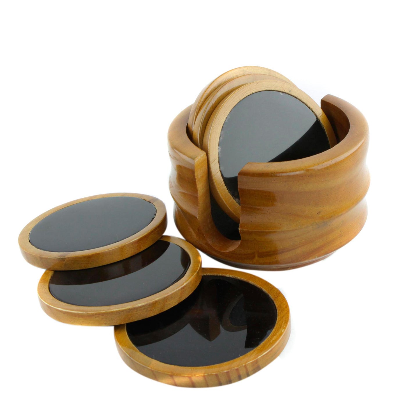 Nocturnal Wisdom Set of 6 Black Agate and Cedar Wood Coasters with Stand
