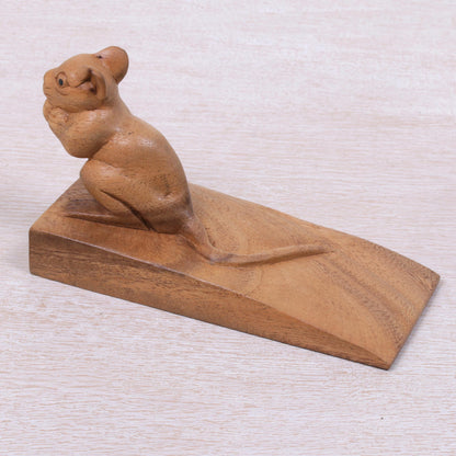 Charming Mouse in Brown Wood Door Stopper