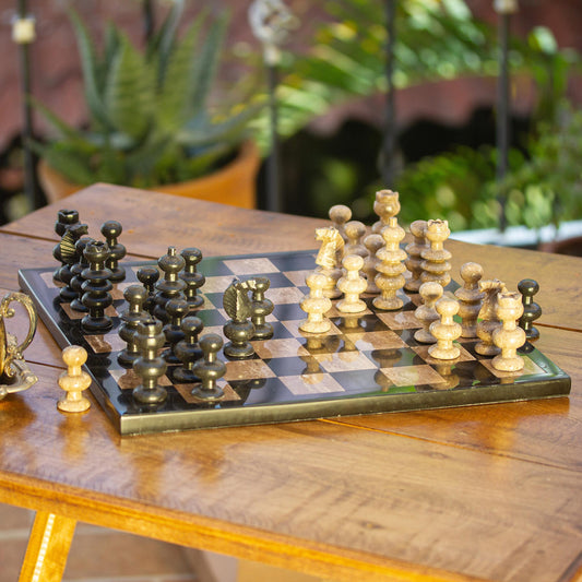 Worthy Match Marble Chess Set in Beige and Black from Mexico