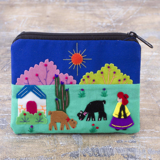 Andean Sunshine Embroidered Multicolor Cotton Blend Coin Purse from Peru