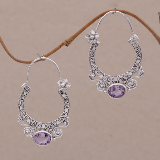 Spiral Arches Amethyst & Silver Hoop Earrings