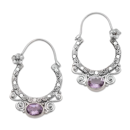 Spiral Arches Amethyst & Silver Hoop Earrings