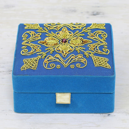 Royal Sky Blue Embroidered Decorative Wood Box from India