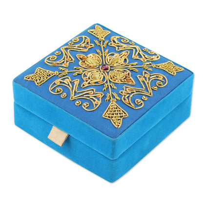 Royal Sky Blue Embroidered Decorative Wood Box from India