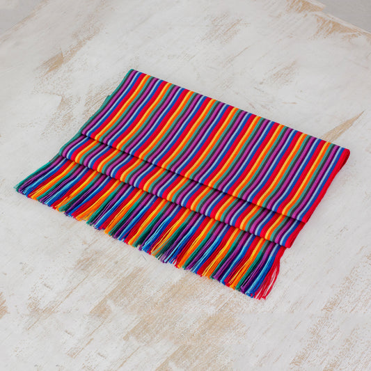 Rainbow Colors Multicolor Striped Cotton Table Runner from Guatemala