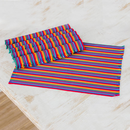 Rainbow Inspiration Six Multicolored Striped Cotton Placemats from Guatemala