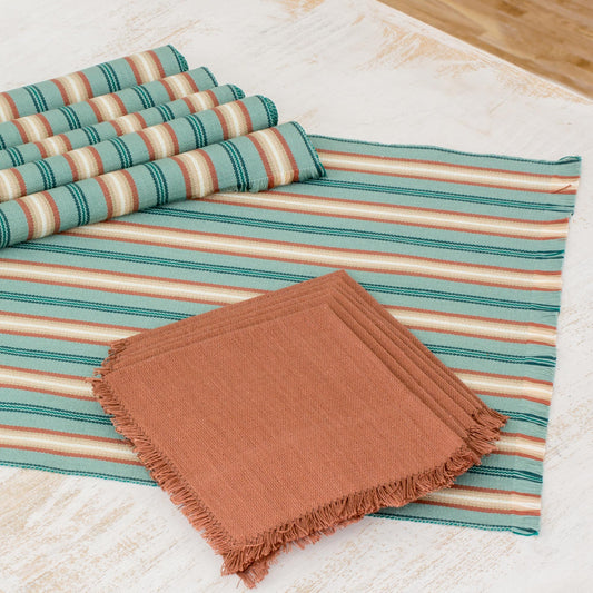 Celadon Trails Six Cotton Placemats and Napkins in Celadon and Russet