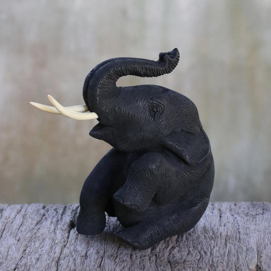 Joyous Elephant Black Teakwood Wood Sculpture