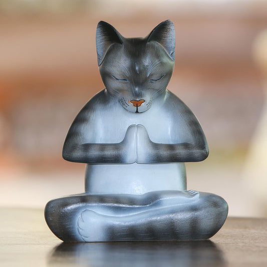 Meditating Kitty in Grey Wood Meditating Cat Sculpture in Grey and White from Bali