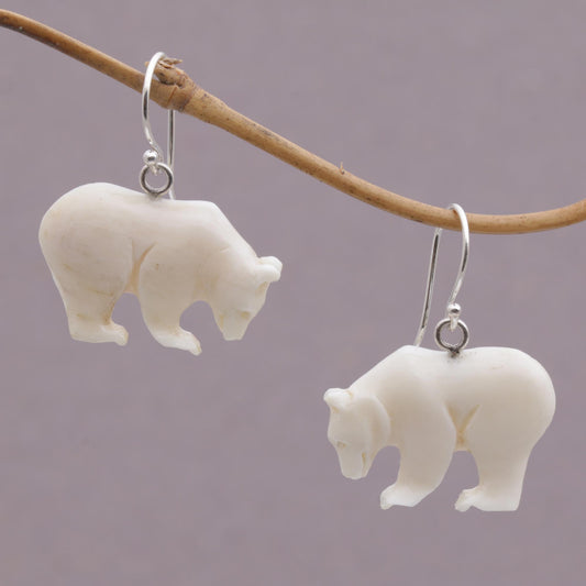 Grizzly Brothers Handcrafted Bone Grizzly Bear Dangle Earrings from Bali