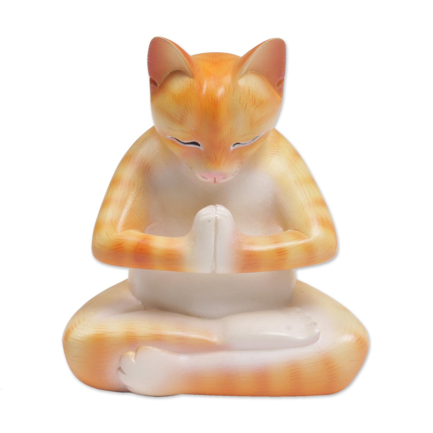 Meditating Kitty in Orange Wood Meditating Cat Statuette in Orange and White from Bali