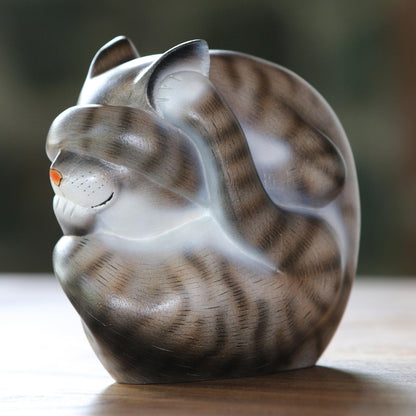 Virtuous Kitty Curled Wood Cat Sculpture in Grey and White from Bali