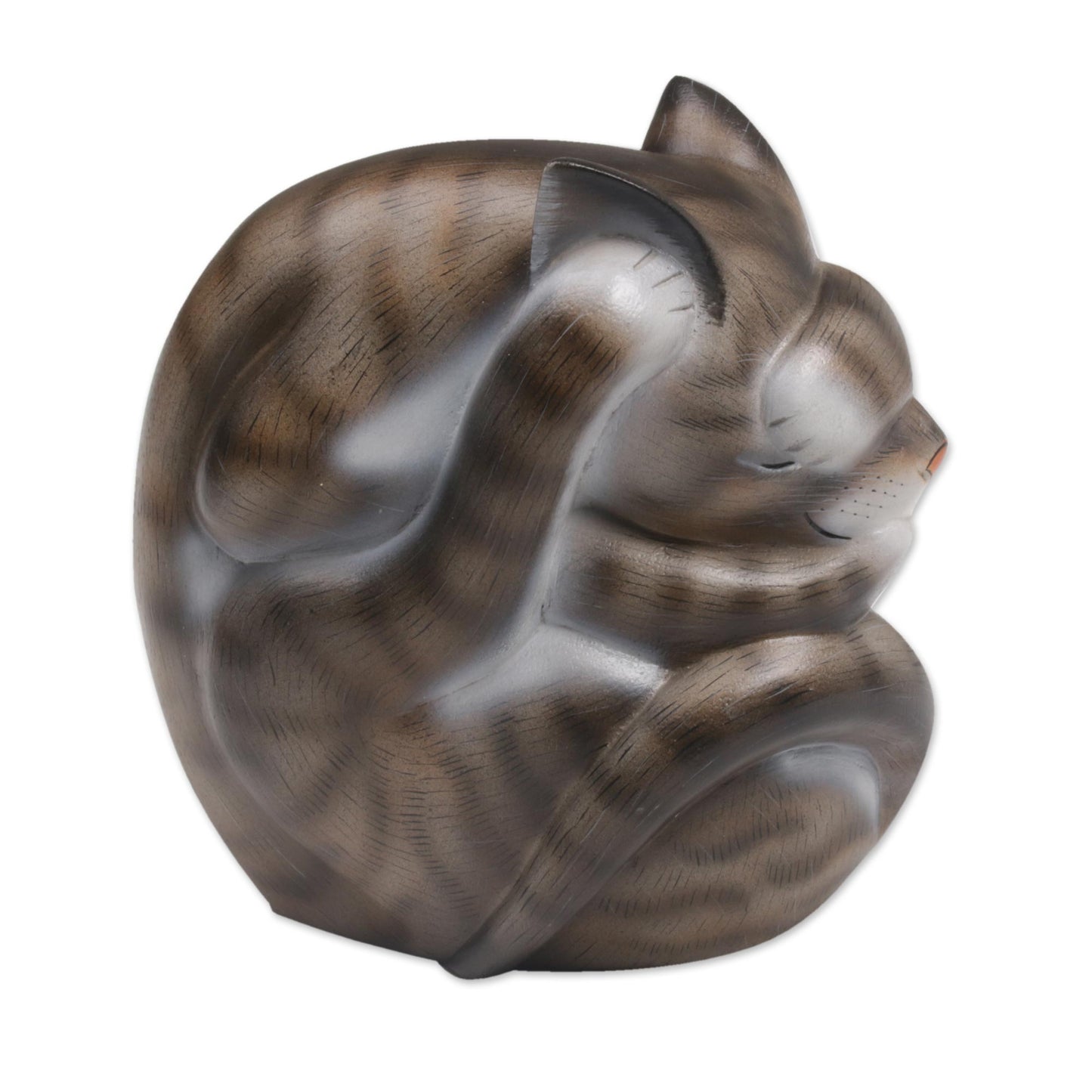 Virtuous Kitty Curled Wood Cat Sculpture in Grey and White from Bali