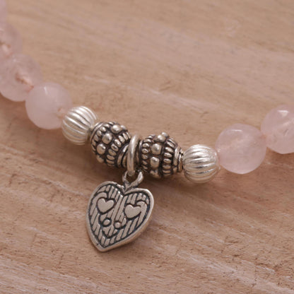 Sentimental Charm Rose Quartz 925 Silver Heart Charm Bracelet from Bali
