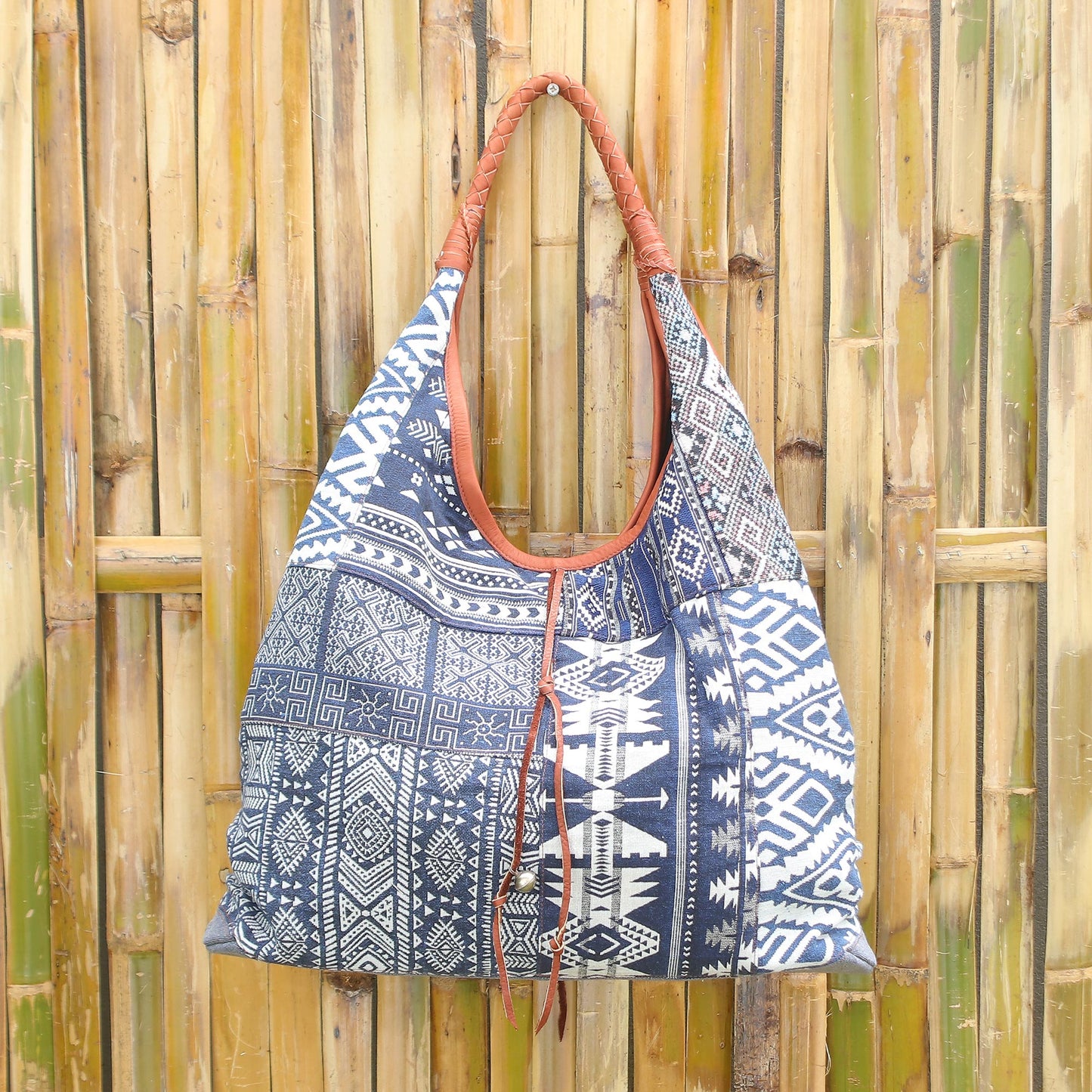 Lapis Geometry Leather Accent Cotton Blend Hobo Bag in Lapis and White