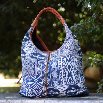 Lapis Geometry Leather Accent Cotton Blend Hobo Bag in Lapis and White