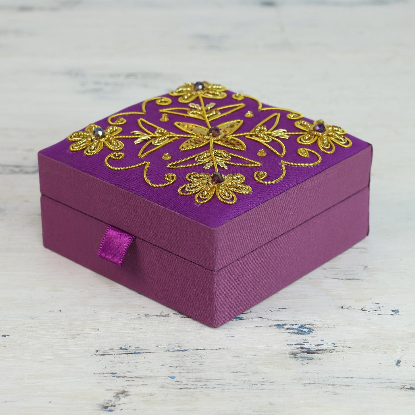 Purple Glamour Purple Cotton Covered Wood Decorative Box with Embroidery