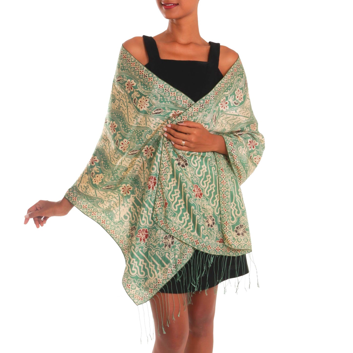 Forest Waves in Moss Green Batik Silk Shawl with Moss Green Floral Motifs from Bali