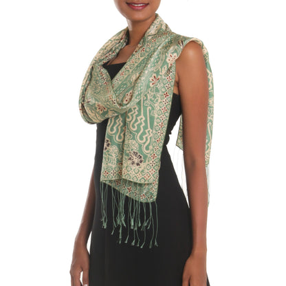 Forest Waves in Moss Green Batik Silk Shawl with Moss Green Floral Motifs from Bali