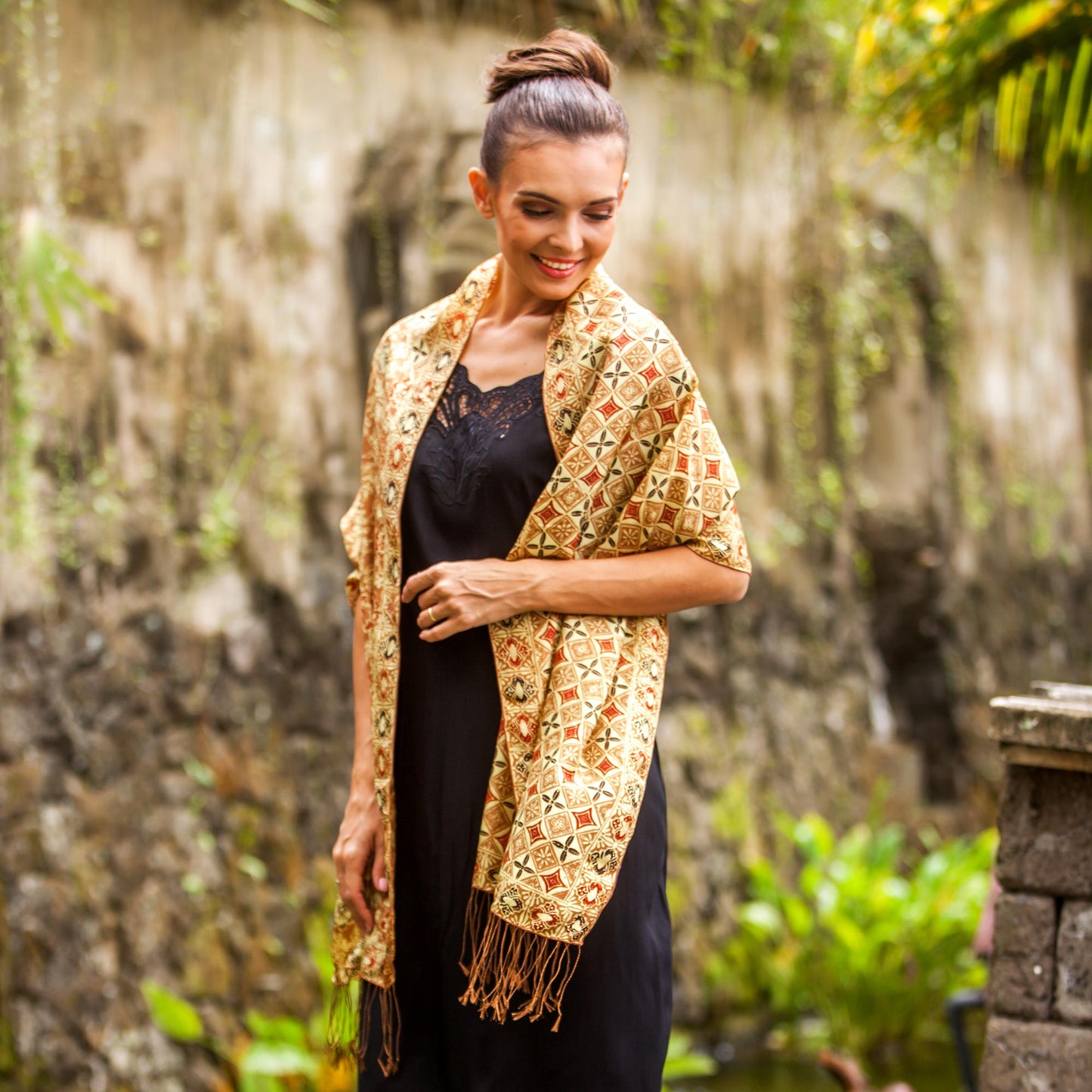Truntum Forest in Ginger Batik Silk Shawl with Ginger Floral Motifs from Bali