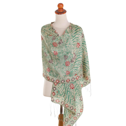 Alluring Lily in Moss Green Batik Silk Shawl with Moss Green Floral Motifs from Bali