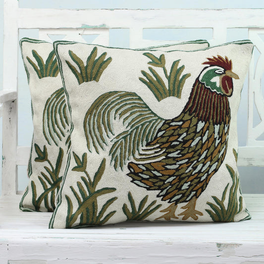 Rooster Crow Two Embroidered Cushion Covers with Roosters from India