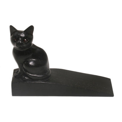 Helpful Kitten In Black Wood Doorstop