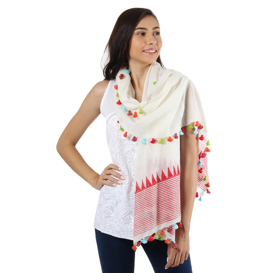 Pop of Color Loom Woven 100% Cotton White and Red Shawl from India