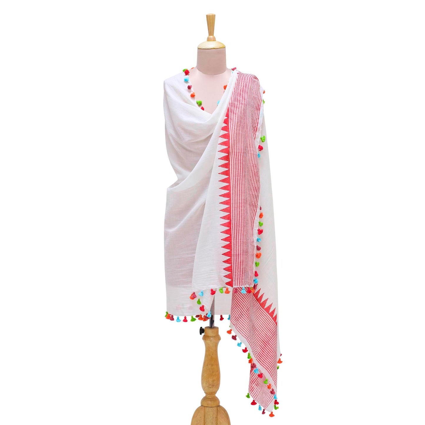 Pop of Color Loom Woven 100% Cotton White and Red Shawl from India