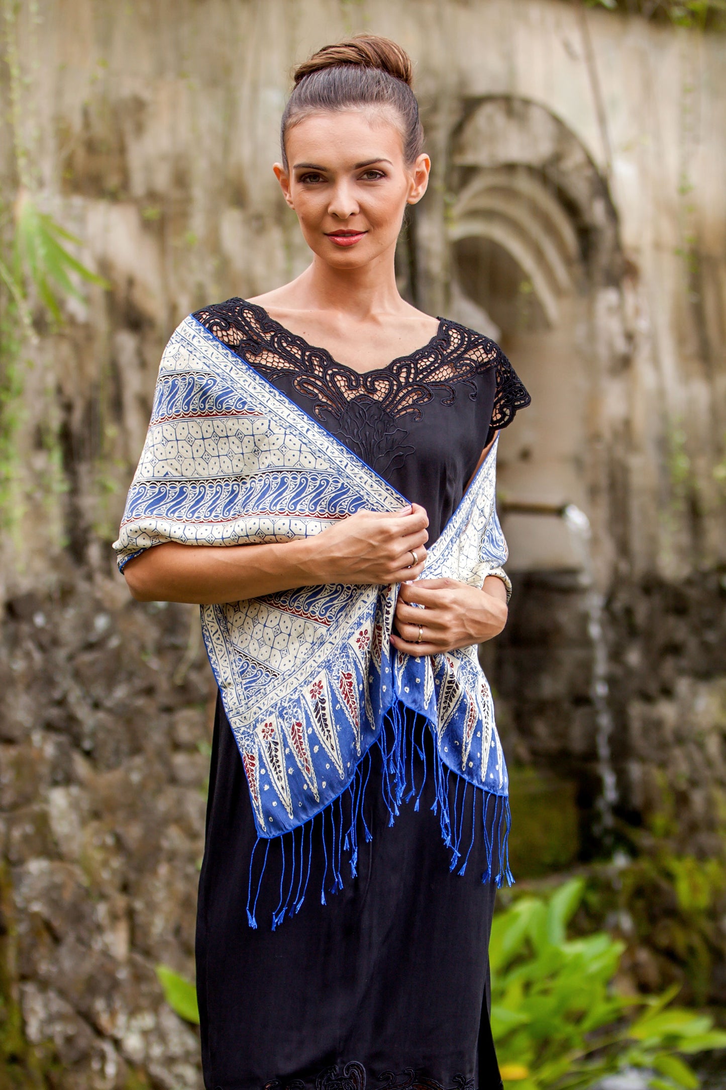 Parang World in Indigo Batik Silk Scarf with Parang Motifs in Indigo from Bali