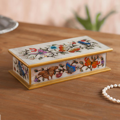 Butterfly Jubilee in Bone Reverse Painted Glass Butterfly Decorative Box in Bone