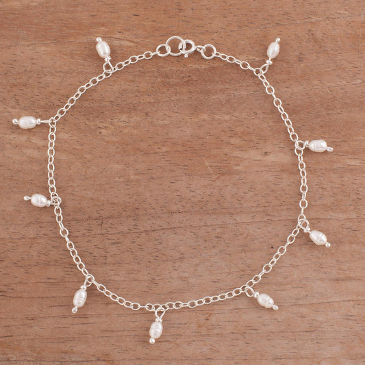 Fresh Walk Dangling Cultured Pearl and Sterling Silver Anklet from Peru