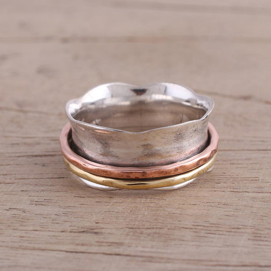Wavy Cyclone Sterling Silver Copper and Brass Spinner and Meditation Ring