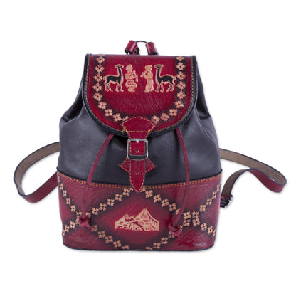 Ancient Elegance Black & Red Leather Backpack