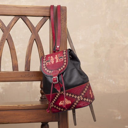 Ancient Elegance Black & Red Leather Backpack