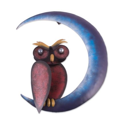 Owl on the Moon Handcrafted Steel Owl and Moon Wall Sculpture from Mexico