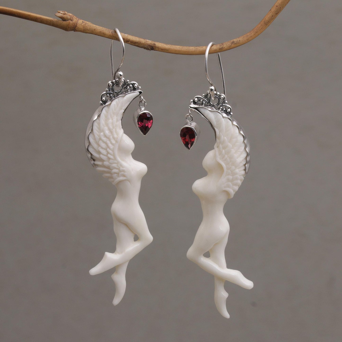 Dancing Angels Garnet Silver & Bone Dangle Earrings