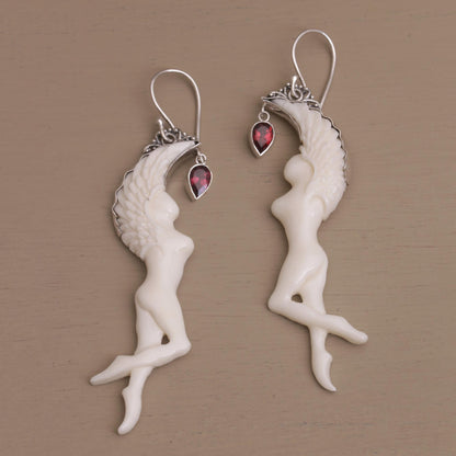 Dancing Angels Garnet Silver & Bone Dangle Earrings