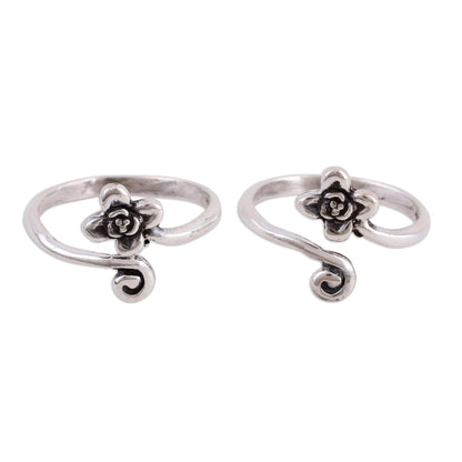 Flower and Swirl Flower Motif Toe Rings Handmade in Sterling Silver (Pair)