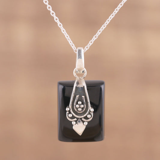 Midnight Greeting Black Onyx and Sterling Silver Pendant Necklace from India