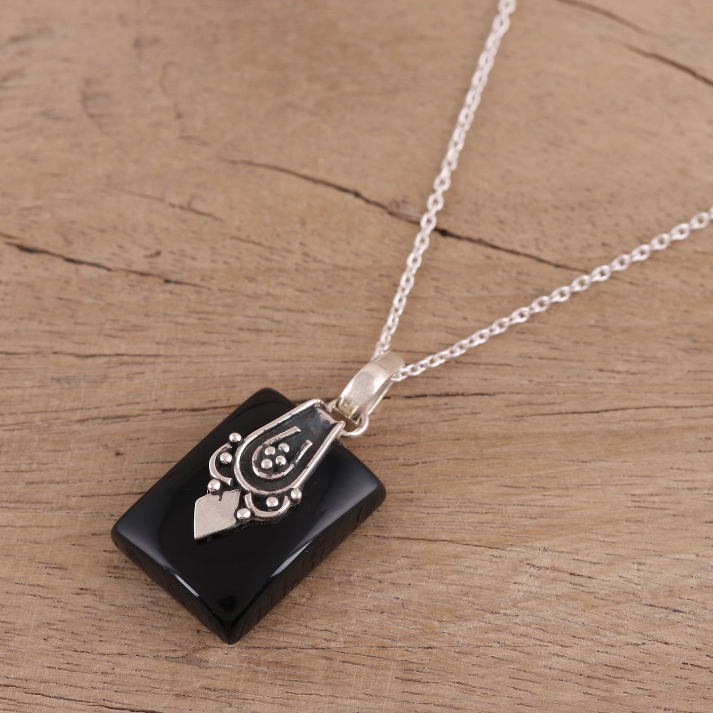 Midnight Greeting Black Onyx and Sterling Silver Pendant Necklace from India