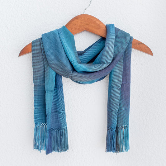 Smooth Breeze in Blue Handwoven Rayon Wrap Scarf in Blue from Guatemala
