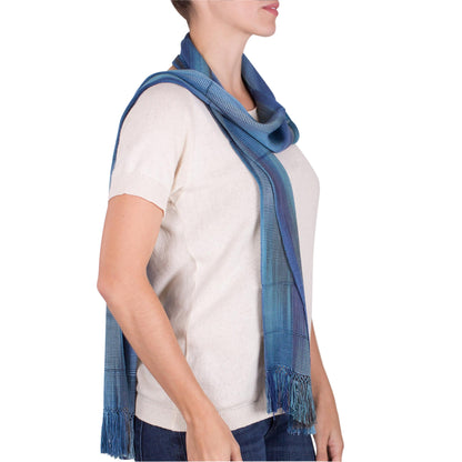 Smooth Breeze in Blue Handwoven Rayon Wrap Scarf in Blue from Guatemala