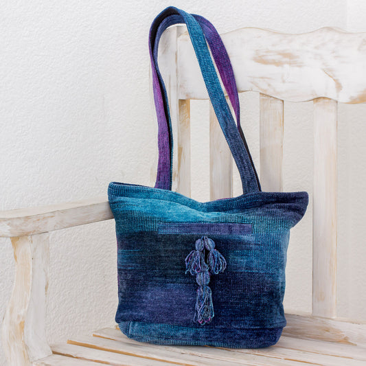 Pleasing Corduroy in Blue Rayon and Cotton Blend Shoulder Bag in Blue from Guatemala
