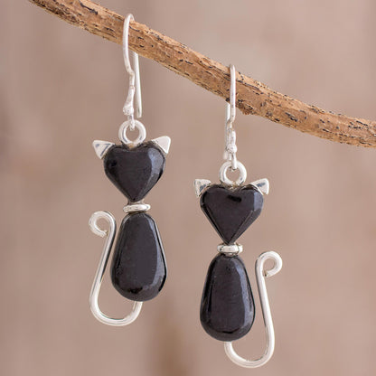 Cats of Love in Black Jade Cat Dangle Earrings in Black from Guatemala