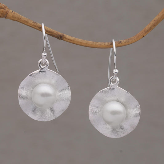 Lily Pad Glow Cultured Pearl and Brushed Sterling Silver Earrings