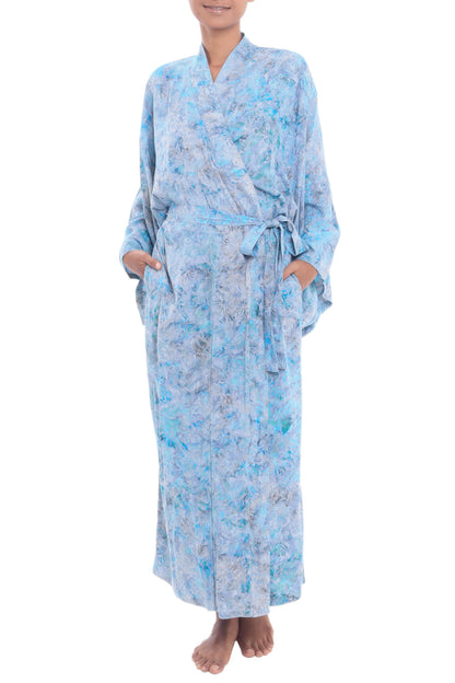 Ubud Grove Green and Blue Batik Print Long Sleeved Rayon Robe with Belt