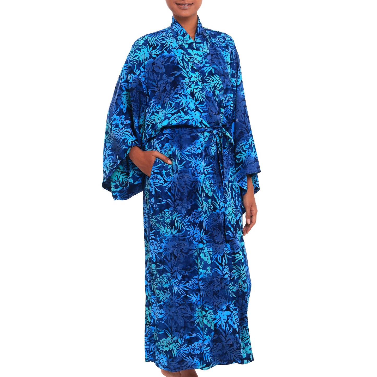 Bedugul Dusk Navy and Green Batik Print Long Sleeved Rayon Robe with Belt