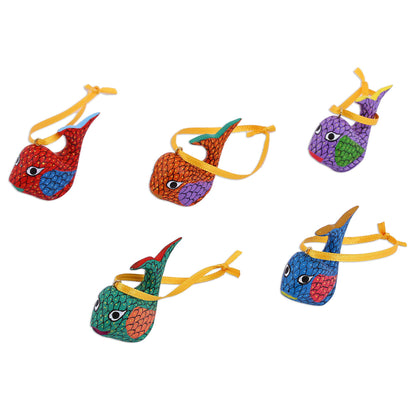 Sweet Whales Painted Wood Alebrije Whale Ornaments (Set of 5) from Mexico